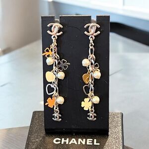 CHANEL 
Pearl CC Charm Chain Drop Earrings Silver Gold